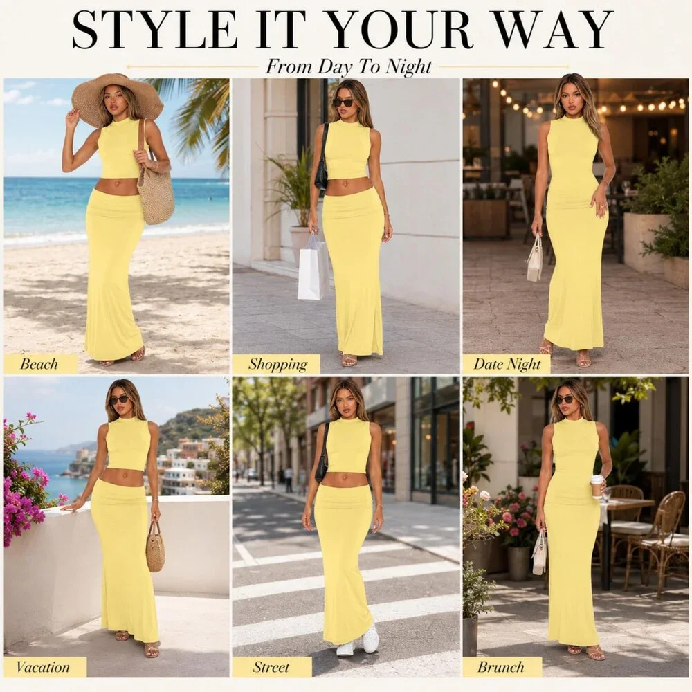 Skirt Women's Yellow Sets 2 Piece Outfits Sexy Two Pc Sleeveless Tank Crop Top M